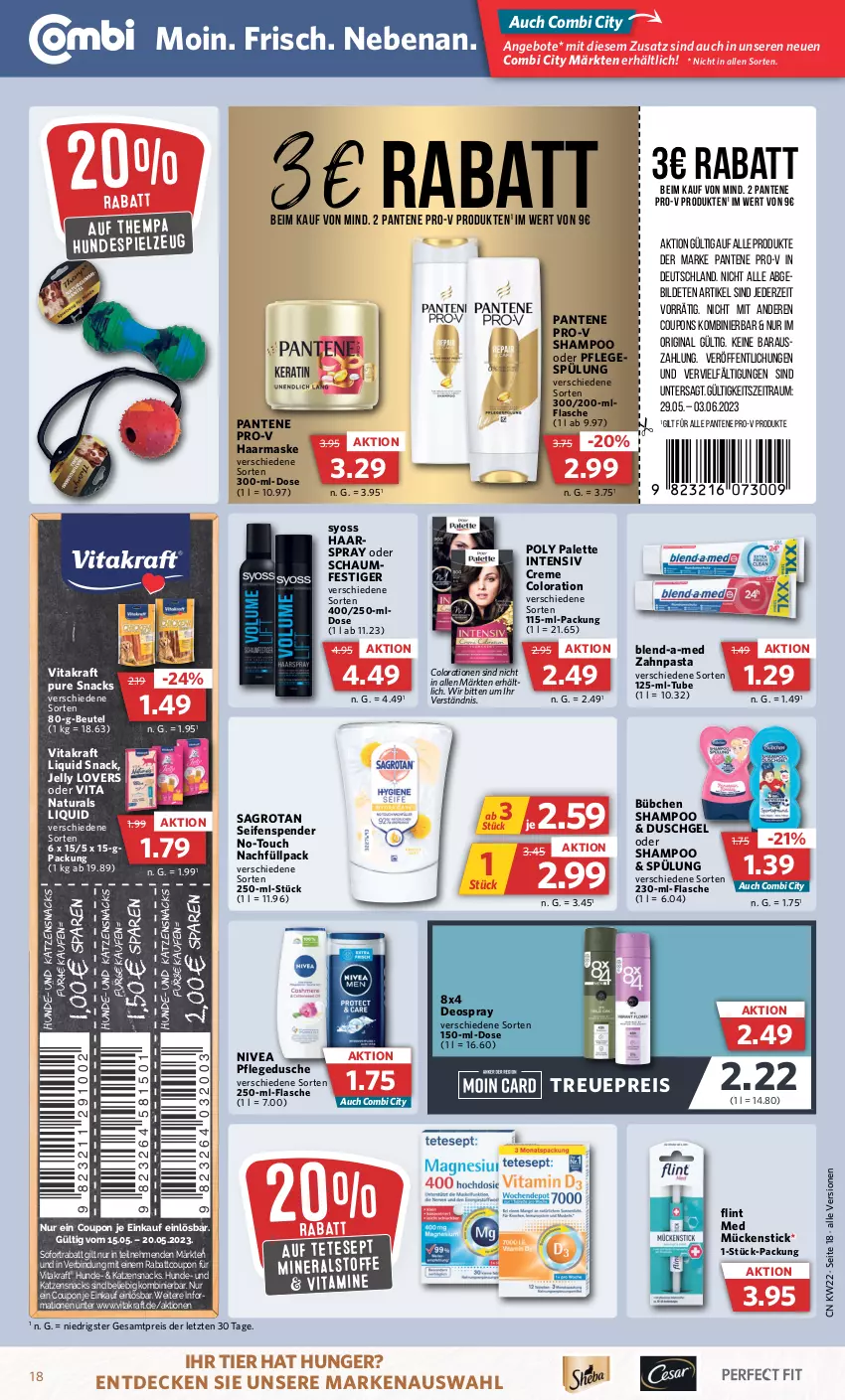 Aktueller Prospekt Combi - Prospekte - von 30.05 bis 03.06.2023 - strona 22 - produkty: angebot, angebote, beutel, blend-a-med, bübchen, Colorationen, coupon, coupons, creme, decke, deo, deospray, dusche, duschgel, eis, flasche, gin, haarspray, katzensnack, katzensnacks, kraft, Maske, natur, natura, nivea, Palette, pantene, pantene pro-v, pasta, pflegedusche, Pflegespülung, pro-v, reis, sagrotan, Seife, seifenspender, shampoo, snack, snacks, sofortrabatt, spielzeug, spülung, syoss, Ti, vita, vitakraft, Vitamine, Yo, zahnpasta, ZTE