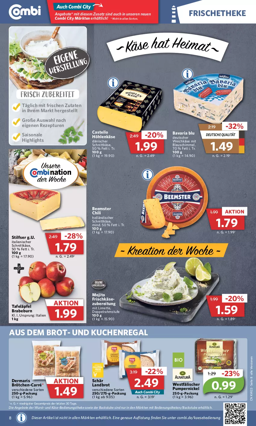 Aktueller Prospekt Combi - Prospekte - von 30.05 bis 03.06.2023 - strona 8 - produkty: angebot, angebote, bavaria blu, Beemster, brot, brötchen, chili, dänischer schnittkäse, deutscher weichkäse, doppelrahmstufe, eis, frischkäse, höhlenkäse, holländischer schnittkäse, kaes, Käse, kuchen, limette, Mett, mojito, Pumpernickel, regal, reis, rezept, Ria, schnittkäse, stube, tafeläpfel, Ti, weichkäse, wurst, ZTE