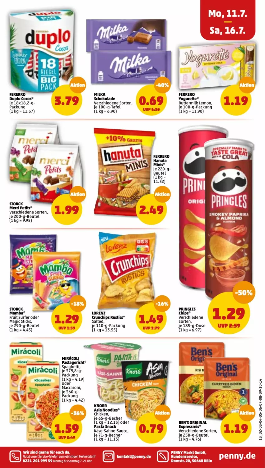 Aktueller Prospekt Penny - Prospekte - von 11.07 bis 16.07.2022 - strona 13 - produkty: ACC, Becher, Ben’s Original, beutel, butter, chips, cocos, crunchips, duplo, eis, ferrero, gin, hanuta, Käse, knorr, lorenz, mac, mam, merci, milka, pasta, pasta snack, pringles, reis, ring, sahne, sauce, schoko, schokolade, snack, storck, Surf, Ti, uhr, Yo, yogurette