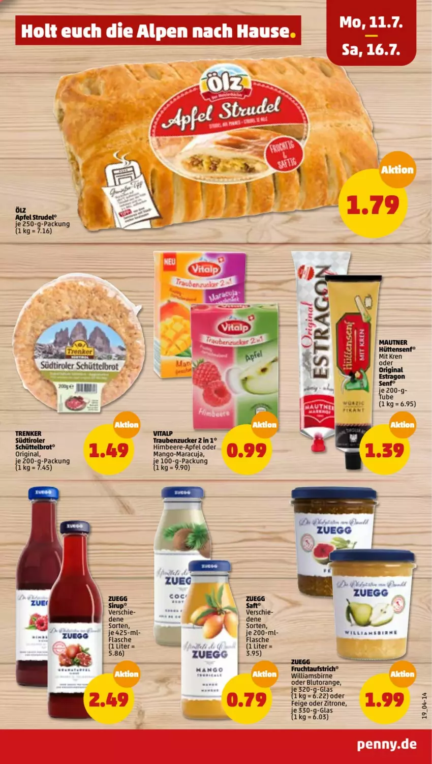 Aktueller Prospekt Penny - Prospekte - von 11.07 bis 16.07.2022 - strona 19 - produkty: apfel, aufstrich, beere, Blutorange, brot, flasche, frucht, fruchtaufstrich, gin, himbeer, himbeere, mango, maracuja, Mautner, orange, saft, senf, sirup, Strudel, südtiroler, Ti, trauben, vita, zitrone, zucker, zuegg