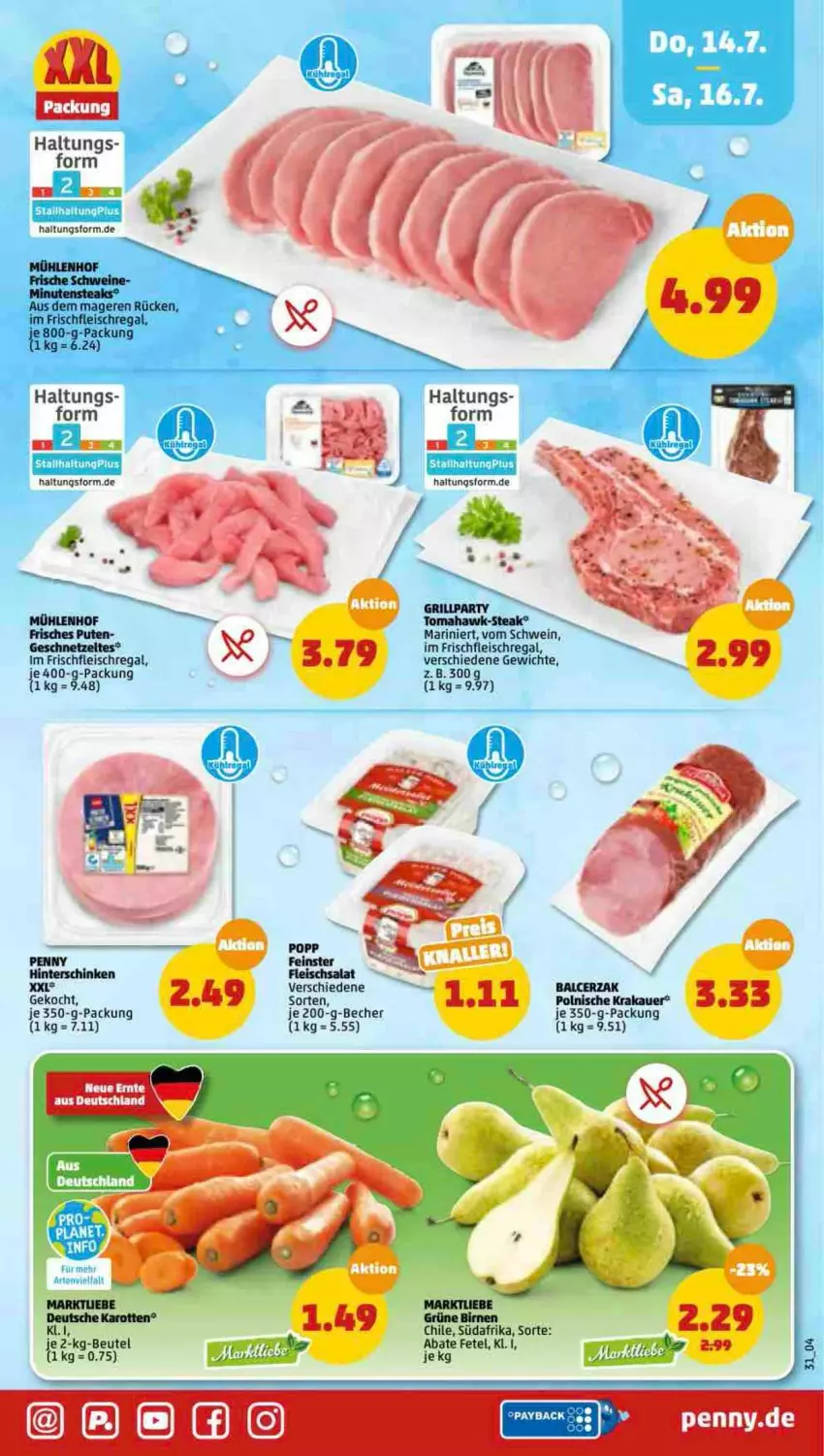 Aktueller Prospekt Penny - Prospekte - von 11.07 bis 16.07.2022 - strona 31 - produkty: auer, Becher, beutel, Birnen, eis, fleisch, geschnetzeltes, hinterschinken, karotten, krakauer, pute, regal, schinken, schwein, steak, wein, Zelt