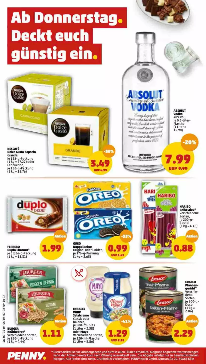 Aktueller Prospekt Penny - Prospekte - von 11.07 bis 16.07.2022 - strona 38 - produkty: Bad, ball, beutel, brot, burger, Cap, cappuccino, cin, creme, Doppelkekse, duplo, eis, erasco, ferrero, flasche, gin, haribo, je 250-g-packung, keks, kekse, knäckebrot, LG, miracel, pfanne, pfannen, reis, salat, salatcreme, sana, tee, Ti, vodka, Yo, ZTE