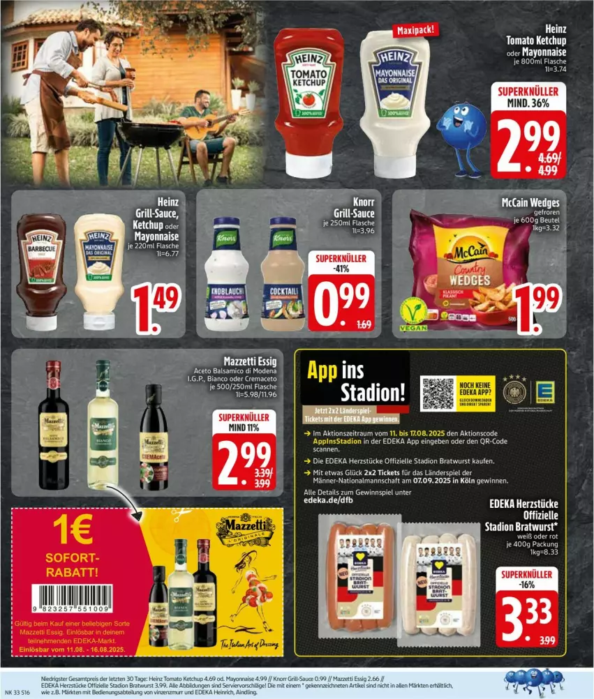 Aktueller Prospekt Edeka - Prospekte - von 11.08 bis 16.08.2025 - strona 16 - produkty: aceto, bratwurst, deka, elle, essig, flasche, gewinnspiel, ketchup, mac, mayonnaise, Ti, tomato ketchup, wurst, Yo