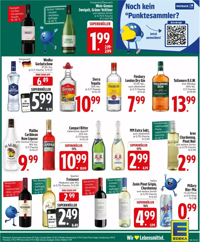 Aktueller Prospekt Edeka - Prospekte - von 11.08 bis 16.08.2025 - strona 21 - produkty: alkohol, aperitif, bier, bree, campari, chardonnay, coconut, dry gin, eis, elle, finsbury, flasche, freixenet, gin, Gorbatschow, irish whiskey, liqueur, london dry, london dry gin, Malibu, Mixer, mixery, mm extra, Pinot, pinot grigio, pinot noir, rum, sekt, Sierra, tequila, tesa, Ti, tullamore, tuner, whiskey, wodka, zonin