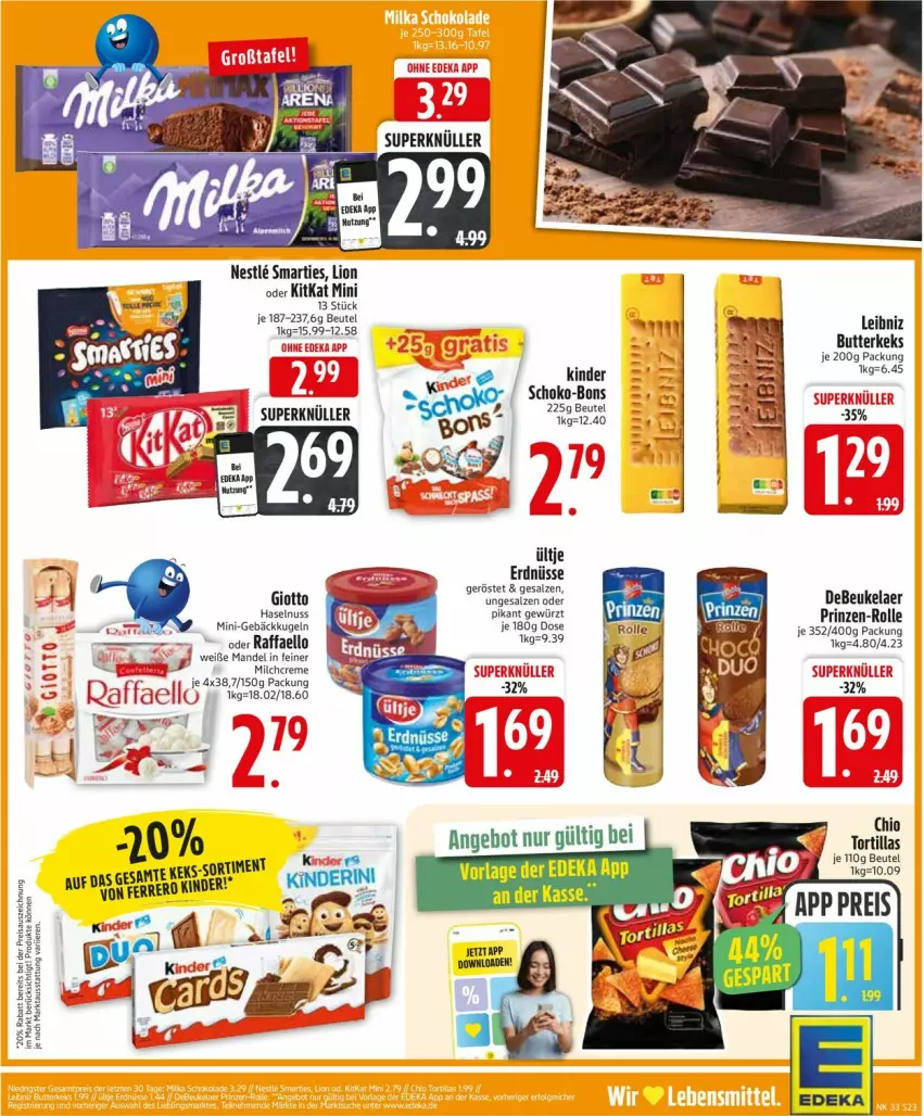 Aktueller Prospekt Edeka - Prospekte - von 11.08 bis 16.08.2025 - strona 23 - produkty: beutel, butter, butterkeks, creme, debeukelaer, erdnüsse, ferrero, gewürz, haselnuss, keks, Kinder, kitkat, Kugel, leibniz, lion, mandel, milch, nuss, raffaello, rum, salz, schoko, schoko-bons, smarties, Ti, tortilla, tortillas, ültje, ültje erdnüsse