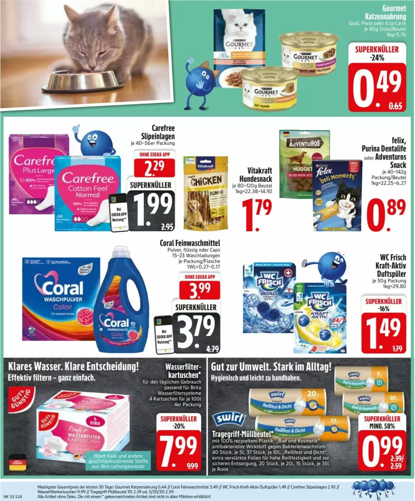 Aktueller Prospekt Edeka - Prospekte - von 11.08 bis 16.08.2025 - strona 24 - produkty: adventuros, asti, Bad, beutel, brita, Cap, carefree, Coral, feinwaschmittel, felix, filterkartuschen, flasche, hundesnack, kosmetik, kraft, purina, Rauch, slip, slipeinlagen, snack, Ti, vita, vitakraft, waschmittel, wasser, wasserfilter, wc frisch