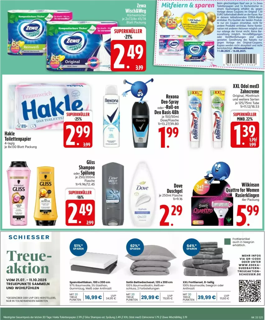 Aktueller Prospekt Edeka - Prospekte - von 11.08 bis 16.08.2025 - strona 25 - produkty: Bau, baumwolle, coupon, coupons, creme, deo, duschgel, eis, erde, flasche, gin, gliss, küche, Küchen, küchentücher, mint, Odol, odol med, odol med3, papier, Rasierklinge, rasierklingen, rexona, roll-on, shampoo, spülung, Ti, tücher, wolle, zahncreme, zewa