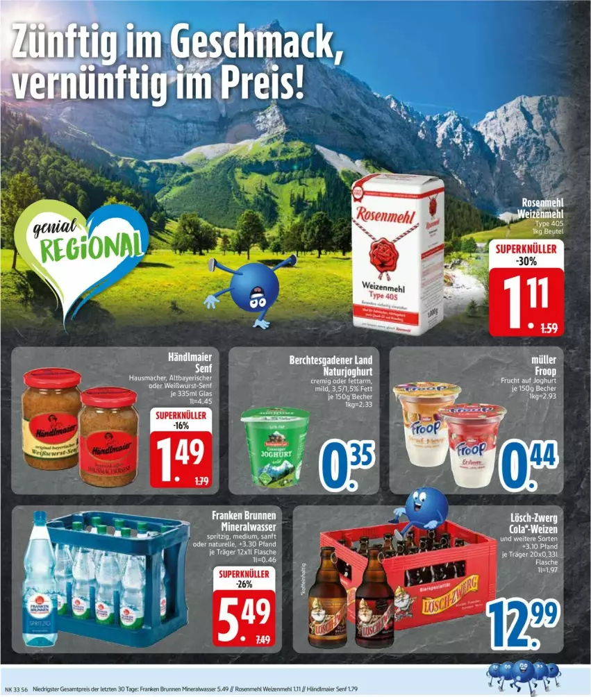 Aktueller Prospekt Edeka - Prospekte - von 11.08 bis 16.08.2025 - strona 6 - produkty: Alwa, brunnen, eis, elle, flasche, franken brunnen, händlmaier, mehl, mineralwasser, natur, reis, rel, rosen, Rosenmehl, senf, Ti, wasser, weizenmehl, ZTE