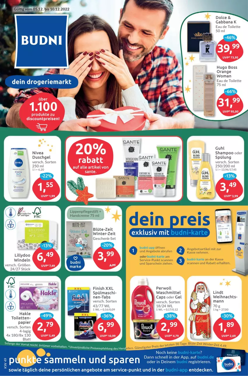 Aktueller Prospekt Budni - Prospekte - von 05.12 bis 10.12.2022 - strona 1 - produkty: Abba, angebot, angebote, Blüte, boss, Brufen, Cap, creme, decke, duschgel, eau de toilette, eis, elle, Ergee, Finish, Guhl, handcreme, hugo, hugo boss, lindt, Lippenpflege, nivea, orange, papier, perwoll, reis, SANTE, Schürze, shampoo, spülung, Ti, waschmittel, windeln, ZTE