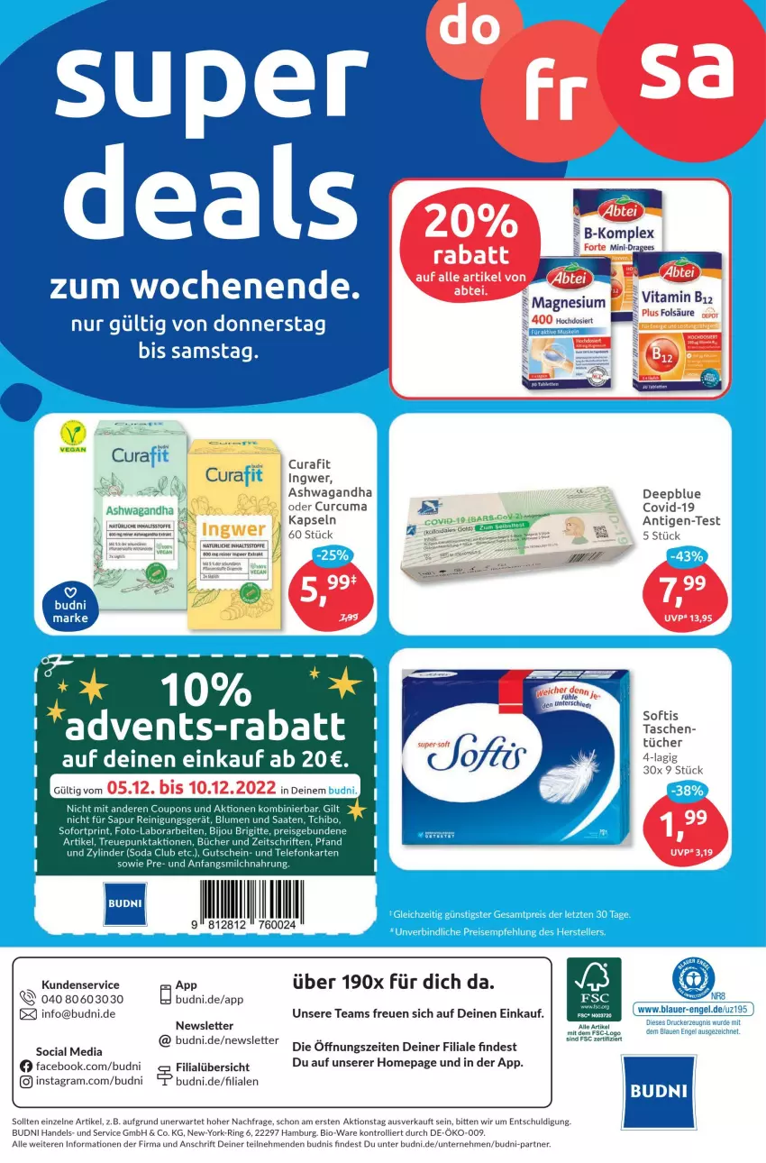 Aktueller Prospekt Budni - Prospekte - von 05.12 bis 10.12.2022 - strona 12 - produkty: Abtei, auer, bio, blume, blumen, buch, coupon, coupons, drucker, eis, Engel, gin, ginger, gutschein, ingwer, kerze, milch, nero, Omep, pflanze, pflanzen, Rana, Reinigung, reis, ring, Soda, tablet, tablett, Tablette, Tasche, taschen, Tchibo, tee, telefon, Ti, trolli, tücher, vita, Vitamin B, Yo