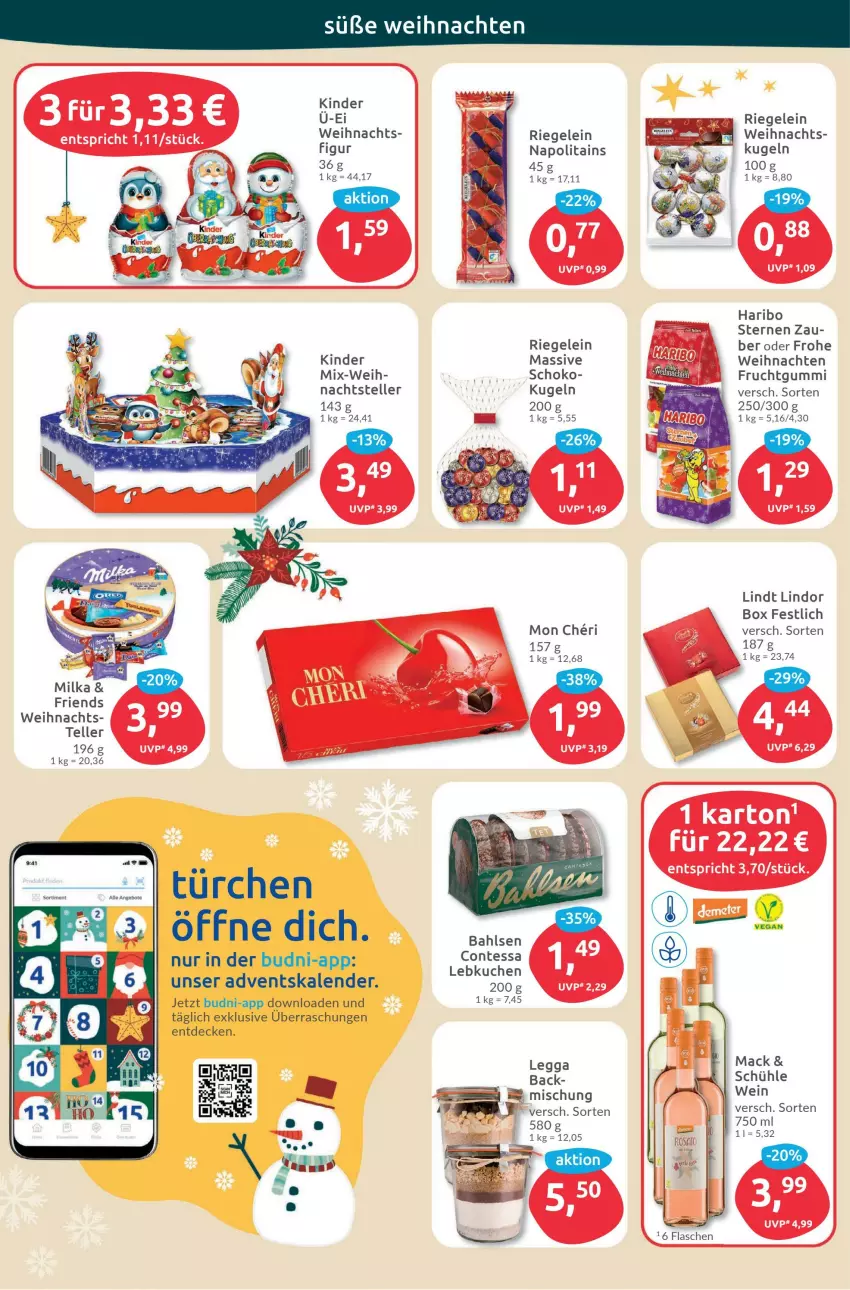 Aktueller Prospekt Budni - Prospekte - von 05.12 bis 10.12.2022 - strona 4 - produkty: Adventskalender, bahlsen, decke, elle, frucht, fruchtgummi, haribo, Kinder, Kugel, lindor, lindt, mac, milka, riegel, schoko, teller, weihnachten, wein