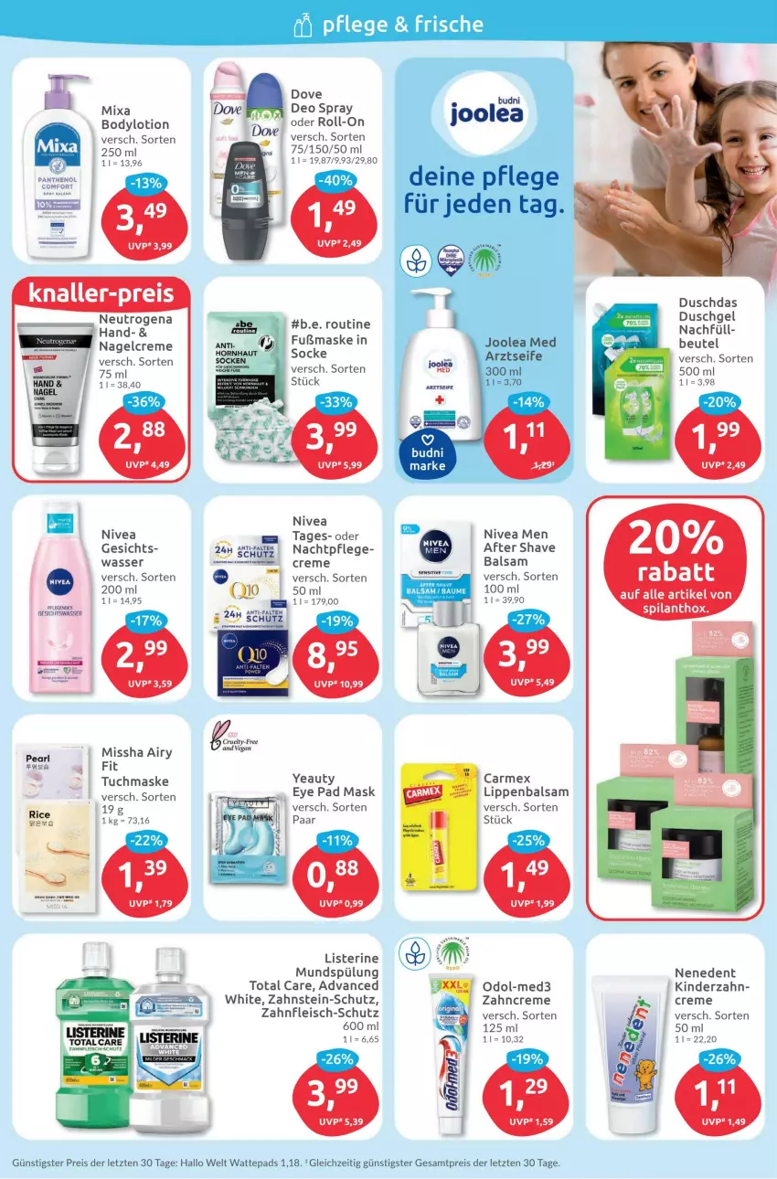 Aktueller Prospekt Budni - Prospekte - von 05.12 bis 10.12.2022 - strona 6 - produkty: aeg, after shave, balsam, beutel, body, bodylotion, creme, deo, deo spray, duschdas, duschgel, eis, fleisch, Kinder, Lippenbalsam, listerine, Lotion, Maske, Mixa, mundspülung, nachtpflege, nivea, Nivea Men, Odol, Panthenol, reis, roll-on, spülung, Ti, total care, tuc, tuchmaske, wasser, wattepads, zahncreme, ZTE