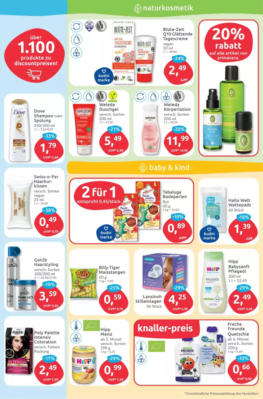 Aktueller Prospekt Budni - Prospekte - von 05.12 bis 10.12.2022 - strona 7 - produkty: apfel, Bad, Badeperlen, beere, bio, Blüte, creme, discount, dove, duschgel, eis, elle, freche freunde, got2b, hipp, kissen, Körperlotion, kosmetik, Lotion, natur, naturkosmetik, Palette, perlen, Pflegeöl, Q10, Reinigung, reis, shampoo, shampoo oder spülung, spülung, Swiss-o-Par, tagescreme, teller, Ti, wattepads, weleda