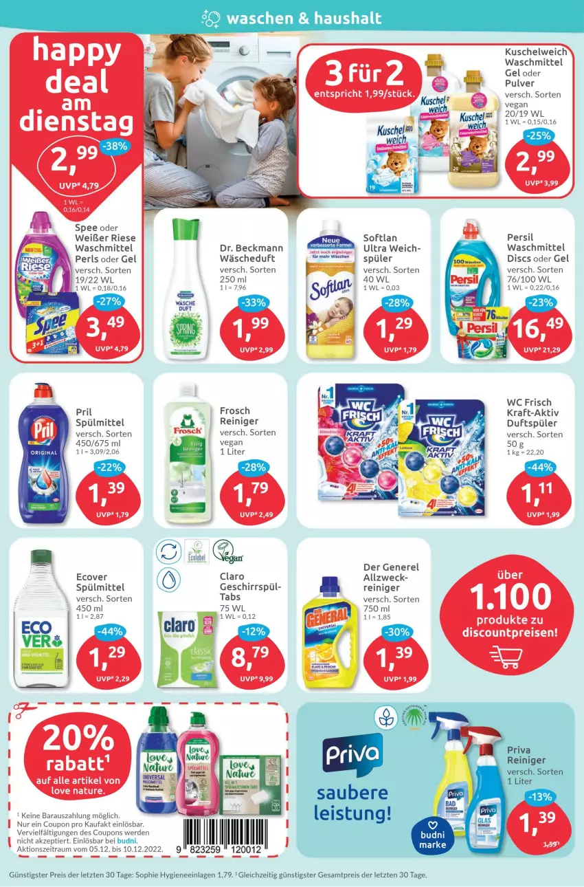 Aktueller Prospekt Budni - Prospekte - von 05.12 bis 10.12.2022 - strona 8 - produkty: cola, coupon, coupons, Dr. Beckmann, eis, erde, Frosch, geschirr, gin, kraft, Kuschelweich, persil, persil waschmittel, pril, reiniger, reis, rel, Softlan, spee, spülmittel, tee, Ti, waschmittel, wc frisch, weck, ZTE