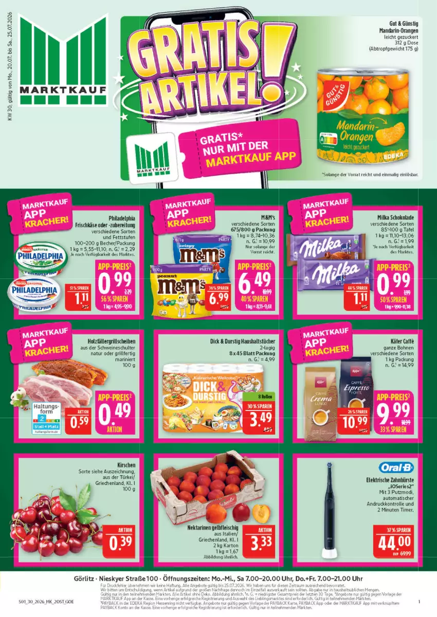 Aktueller Prospekt Marktkauf - Prospekt - von 19.07 bis 25.07.2026 - strona 1 - produkty: auto, bohne, bohnen, bürste, eis, elektrische zahnbürste, fleisch, frischkäse, grill, haushaltstücher, Holz, käfer, Käse, kirsch, kirsche, kirschen, mandarin-orangen, milka, milka schokolade, natur, Nektar, nektarinen, orange, orangen, philadelphia, schoko, schokolade, schwein, schweine, Ti, timer, tisch, tücher, wein, weine, zahnbürste, zucker