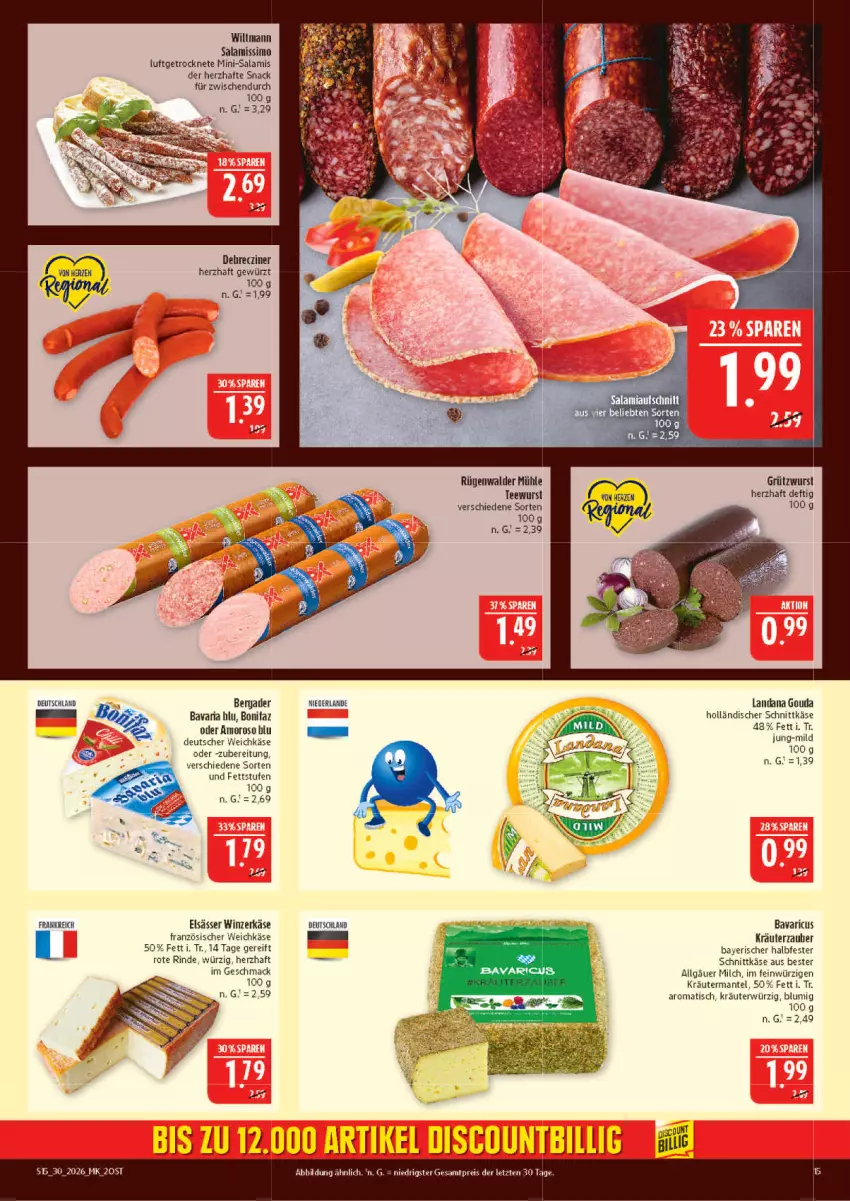 Aktueller Prospekt Marktkauf - Prospekt - von 19.07 bis 25.07.2026 - strona 15 - produkty: aufschnitt, bavaria blu, deutscher weichkäse, eis, französischer weichkäse, gewürz, gouda, halbfester schnittkäse, holländischer schnittkäse, Käse, kräuter, LG, mac, Mantel, milch, Mini-Salami, reis, Ria, rind, rügenwalder, rügenwalder mühle, salami, schnittkäse, sim, snack, tee, teewurst, Ti, tisch, weichkäse, wiltmann, wurst, ZTE
