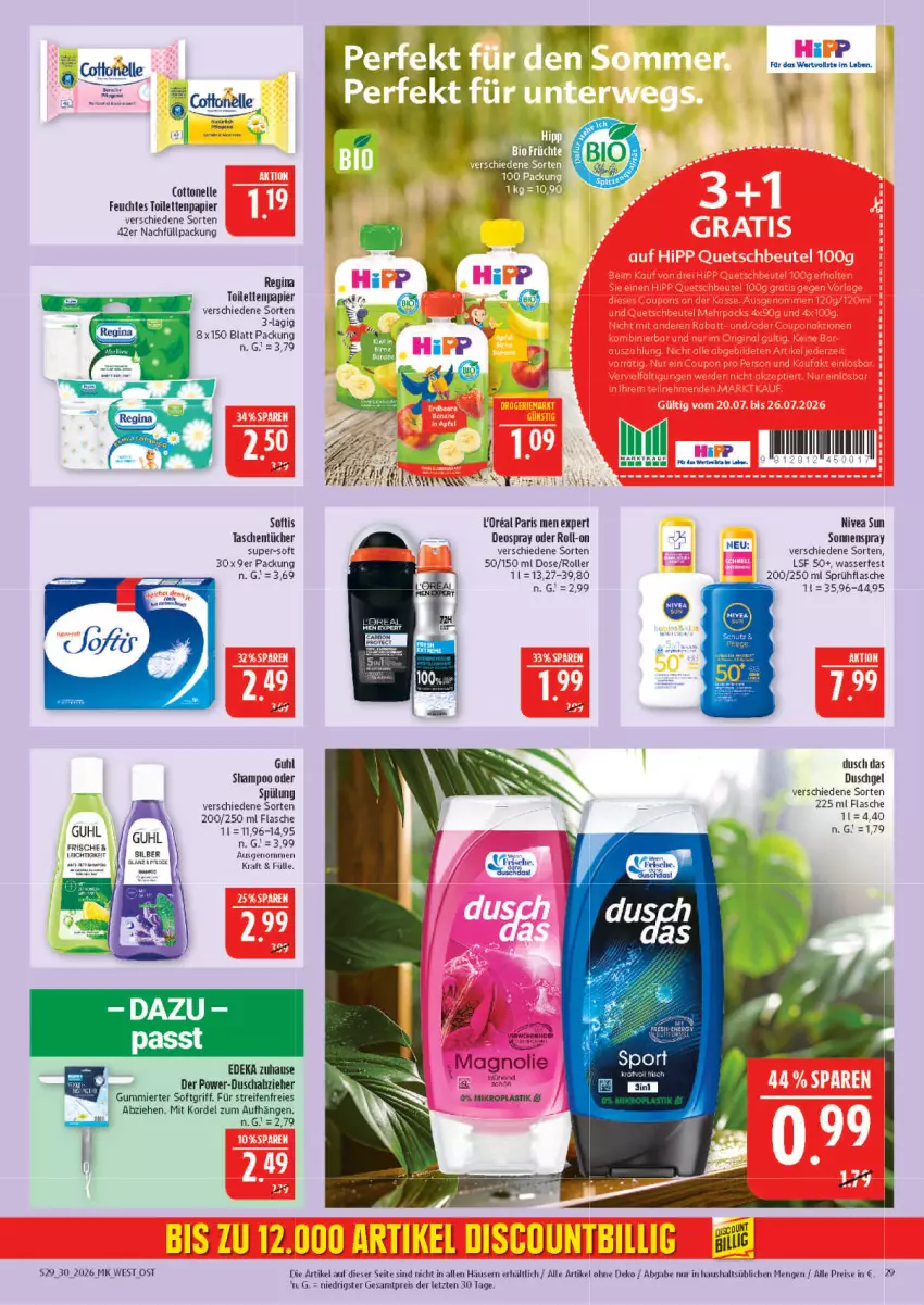 Aktueller Prospekt Marktkauf - Prospekt - von 19.07 bis 25.07.2026 - strona 29 - produkty: asti, cottonelle, deka, deo, deospray, duschgel, eis, elle, feuchtes toilettenpapier, flasche, gin, Guhl, kraft, nivea, nivea sun, papier, reifen, reis, roll-on, Roller, rwe, Schal, shampoo, sonnenspray, sprühflasche, spülung, Tasche, taschen, taschentücher, Ti, toilettenpapier, tücher, wasser, ZTE
