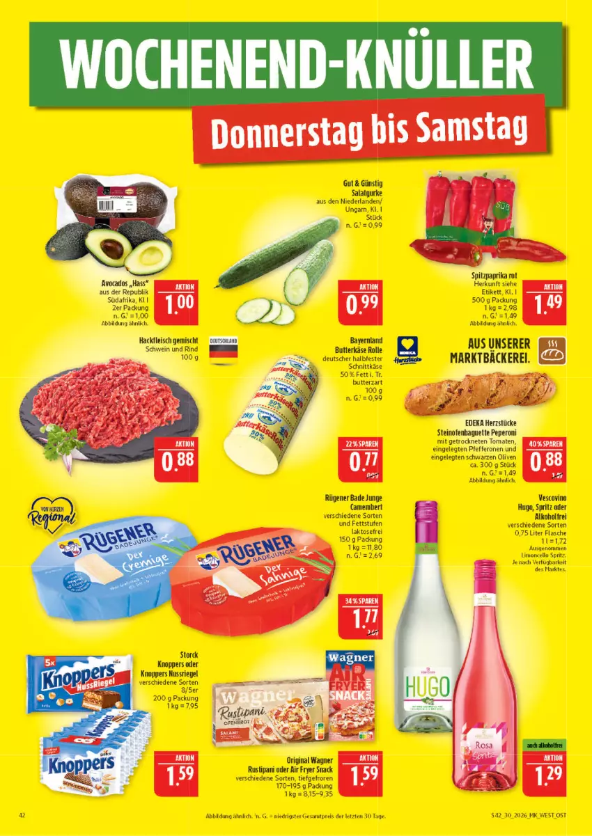 Aktueller Prospekt Marktkauf - Prospekt - von 19.07 bis 25.07.2026 - strona 42 - produkty: alkohol, Bad, Bade Junge, butter, butterkäse, camembert, eis, flasche, fleisch, gin, halbfester schnittkäse, hugo, Käse, knoppers, limo, nuss, nussriegel, olive, oliven, original wagner, paprika, paprika rot, reis, riegel, rind, Rügener, rustipani, salat, schnittkäse, snack, storck, Ti, vescovino, wagner, ZTE