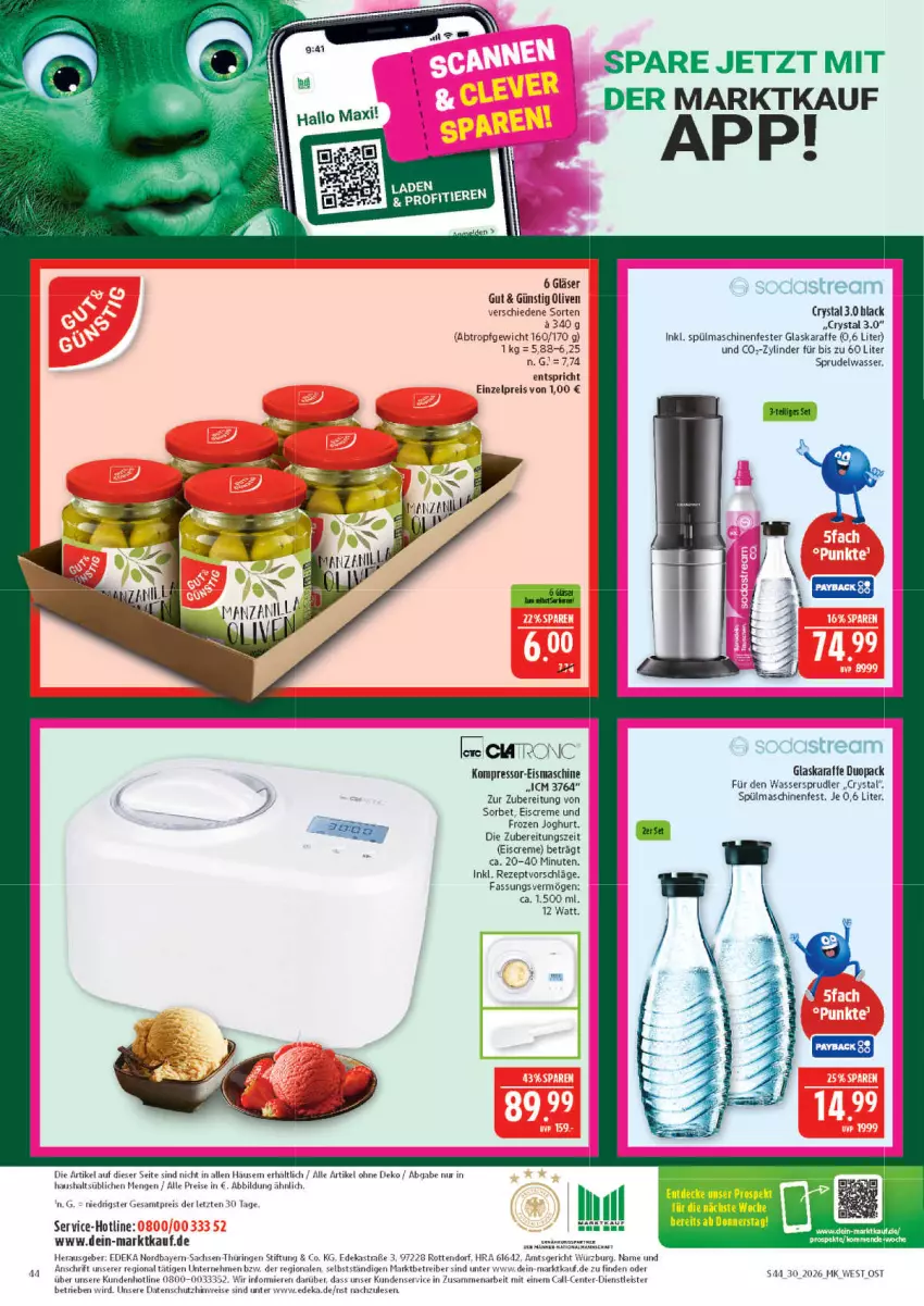 Aktueller Prospekt Marktkauf - Prospekt - von 19.07 bis 25.07.2026 - strona 44 - produkty: Astra, creme, deka, eis, eiscreme, eismaschine, ente, Gläser, glaskaraffe, joghur, joghurt, Karaffe, kompressor, lack, olive, oliven, reis, rezept, ring, sac, Sorbet, Sprudel, spülmaschinen, tee, Ti, wasser, wassersprudler, ZTE