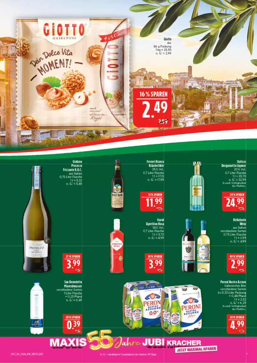 Aktueller Prospekt Marktkauf - Prospekt - von 19.07 bis 25.07.2026 - strona 7 - produkty: Alwa, bier, ecco, Fernet, flasche, frizzante, giotto, haselnuss, liqueur, mineralwasser, nuss, prosecco, Ti, wasser, wein