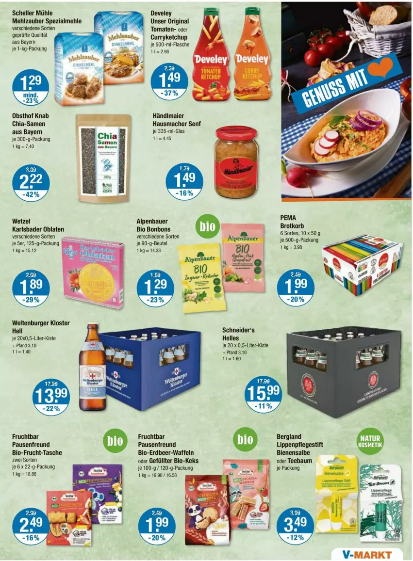 Aktueller Prospekt Vmarkt - Prospekte - von 25.09 bis 01.10.2025 - strona 13 - produkty: auer, Bad, Bau, Bauer, beutel, bio, bonbons, burger, chia, curry, develey, elle, flasche, frucht, gin, Hausmacher, je 500-ml-flasche, keks, ketchup, Lippenpflege, mac, mehl, Oblaten, obst, senf, Spezi, Tasche, tee, Ti, tomate, tomaten, waffeln