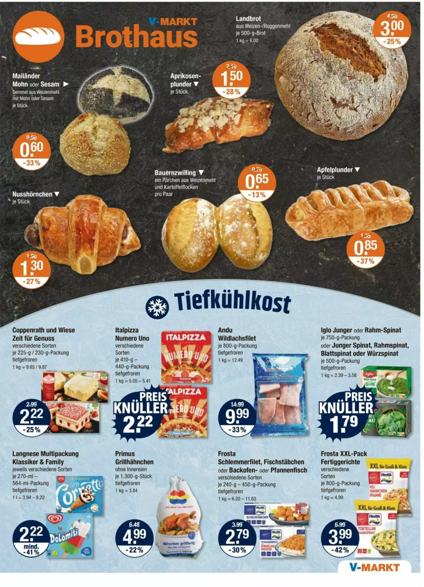 Aktueller Prospekt Vmarkt - Prospekte - von 25.09 bis 01.10.2025 - strona 5 - produkty: apfel, auer, backofen, Bau, Bauer, blattspinat, brot, coppenrath, eis, fertiggericht, fertiggerichte, filet, fisch, fischstäbchen, frosta, grill, grillhähnchen, iglo, lachs, lachsfilet, langnese, mehl, nuss, Ofen, pfanne, pfannen, pizza, Plunder, rahm-spinat, reis, schlemmerfilet, Semmel, sesam, spinat, tee, Ti, weizenmehl, Wild, wildlachs