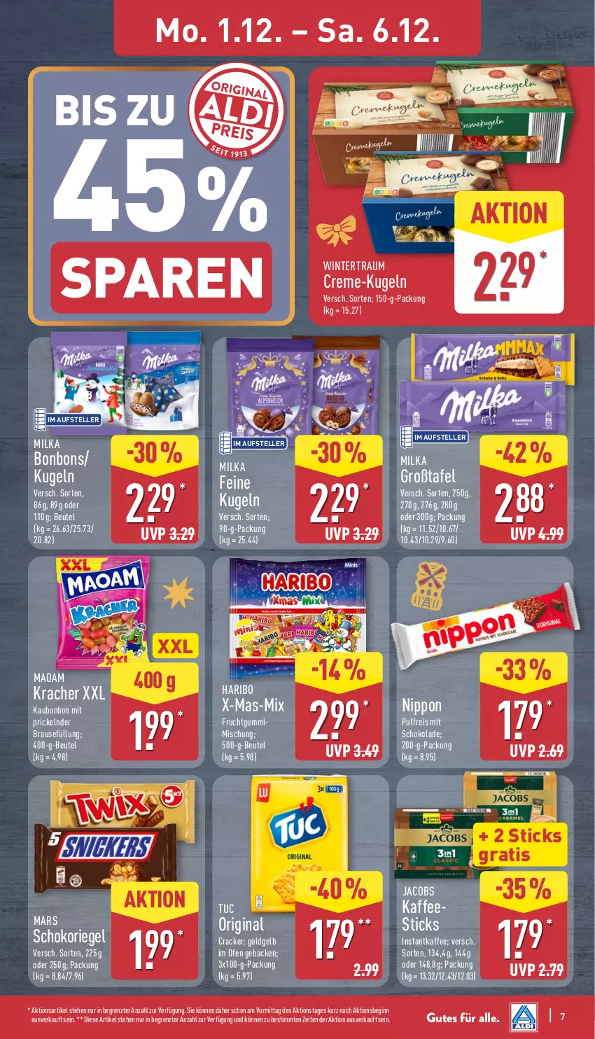 Aktueller Prospekt Aldi Nord - Von Montag - von 01.12 bis 06.12.2025 - strona 11 - produkty: beutel, bonbons, brause, cracker, creme, eis, elle, frucht, fruchtgummi, geback, gin, haribo, instantkaffee, jacobs, kaffee, kracher, Kugel, maoam, mars, milka, nippon, Ofen, reis, riegel, schoko, schokolade, schokoriegel, teller, Ti, tuc, ZTE