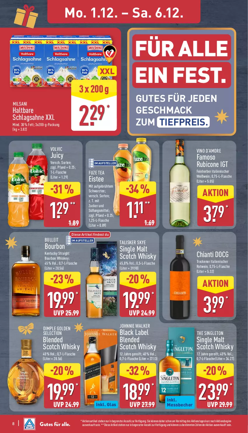 Aktueller Prospekt Aldi Nord - Von Montag - von 01.12 bis 06.12.2025 - strona 12 - produkty: Becher, black label, blended scotch, blended scotch whisky, bourbon, bourbon whiskey, chia, chianti, eis, eistee, elle, flasche, fuze tea, gin, johnnie walker, kentucky straight, lack, mac, Messbecher, reis, rotwein, sahne, schlagsahne, scotch, scotch whisky, single malt, tee, teller, Ti, tiefpreis, tuc, volvic, wein, Weißwein, whiskey, whisky, ZTE, zucker