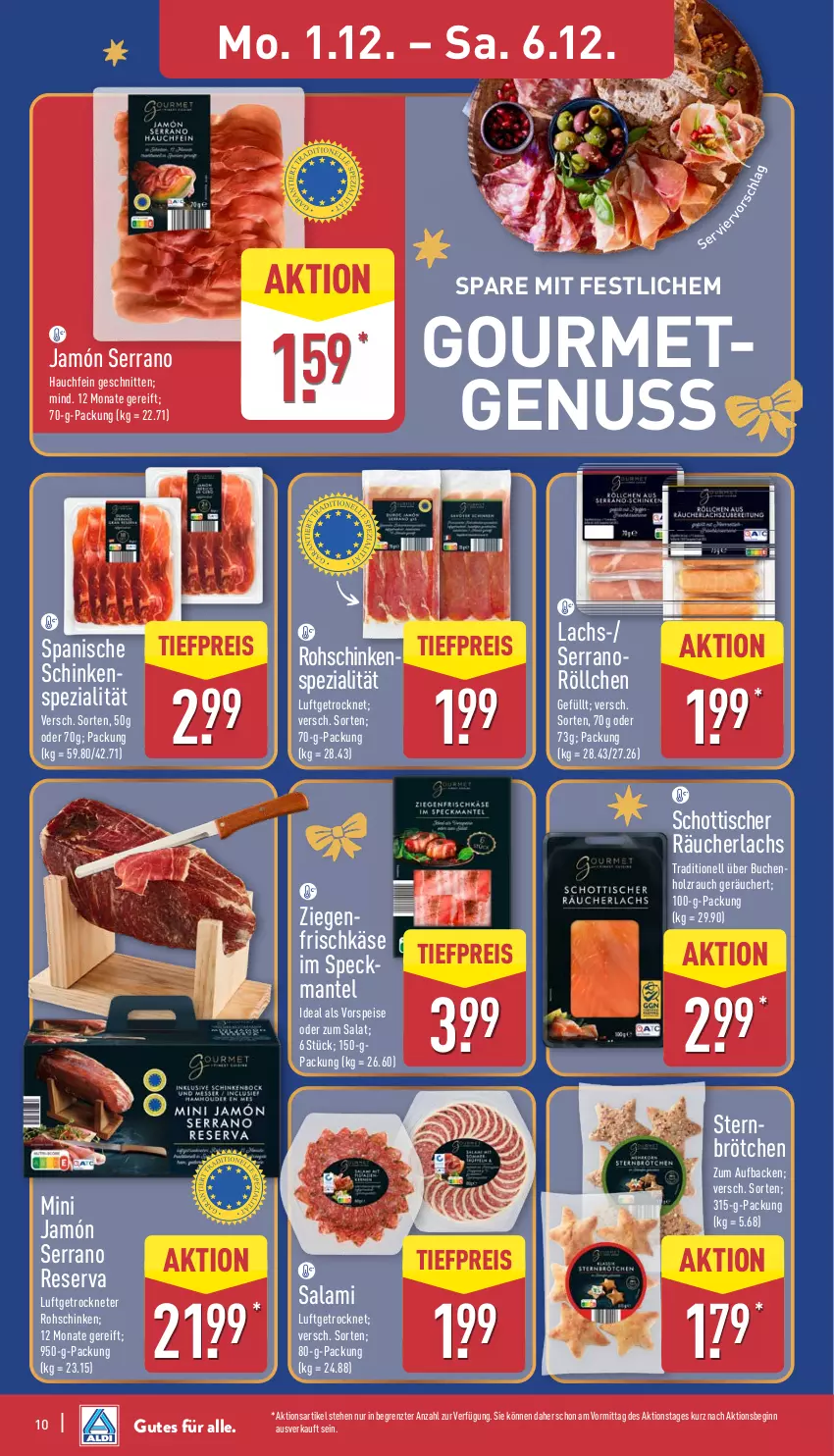 Aktueller Prospekt Aldi Nord - Von Montag - von 01.12 bis 06.12.2025 - strona 14 - produkty: brötchen, buch, eis, frischkäse, gin, Holz, jamón serrano, Käse, lachs, Mantel, nuss, Rauch, Räucherlachs, reis, rohschinken, salami, salat, schinken, schnitten, schott, serrano, Speck, Spezi, Ti, tiefpreis, tisch, vorspeise, ziegenfrischkäse, ZTE