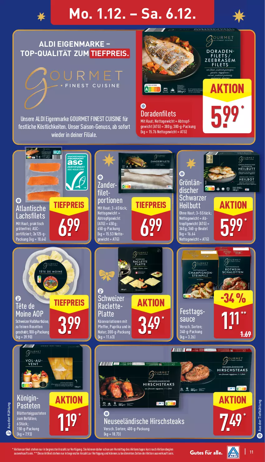 Aktueller Prospekt Aldi Nord - Von Montag - von 01.12 bis 06.12.2025 - strona 15 - produkty: aldi, aus der tiefkühlung, beutel, blätterteig, Dorade, eis, filet, filets, gin, hartkäse, Hirschsteaks, Käse, lachs, lachsfilet, lachsfilets, latte, natur, nuss, paprika, pastete, pfeffer, reis, Ria, sauce, steak, steaks, Tête de Moine, Ti, tiefpreis, tisch, Zander, ZTE