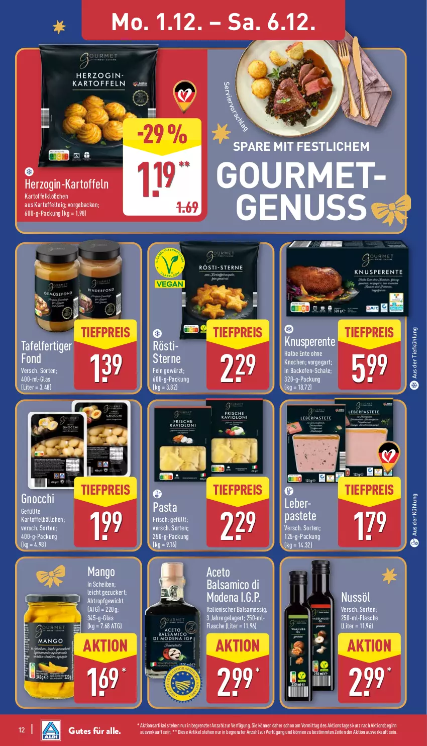 Aktueller Prospekt Aldi Nord - Von Montag - von 01.12 bis 06.12.2025 - strona 16 - produkty: aceto, aceto balsamico, aus der tiefkühlung, backofen, balsam, balsamico, eis, ente, essig, flasche, geback, gewürz, gin, gnocchi, kartoffel, kartoffeln, mango, Mode, nuss, Ofen, pasta, pastete, reis, Schal, Schale, Ti, tiefpreis, ZTE, zucker