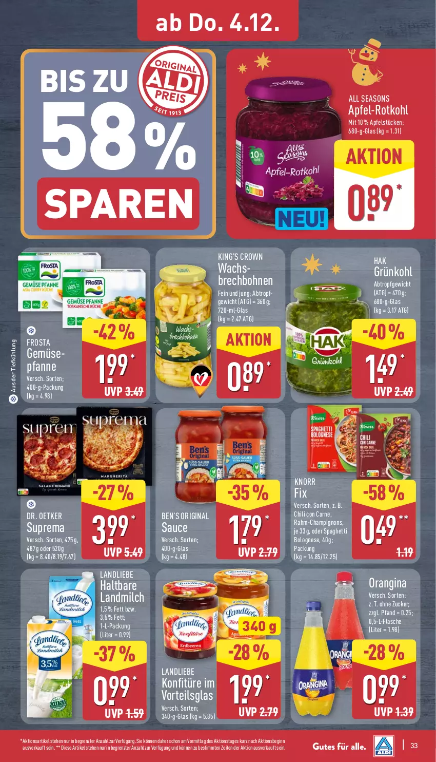Aktueller Prospekt Aldi Nord - Von Montag - von 01.12 bis 06.12.2025 - strona 37 - produkty: apfel, aus der tiefkühlung, Ben’s Original, bohne, bohnen, bolognese, champignon, champignons, chili, Dr. Oetker, flasche, frosta, gin, knorr, knorr fix, konfitüre, landliebe, landmilch, milch, orangina, pfanne, rotkohl, sauce, spaghetti, spaghetti bolognese, Ti, ZTE, zucker