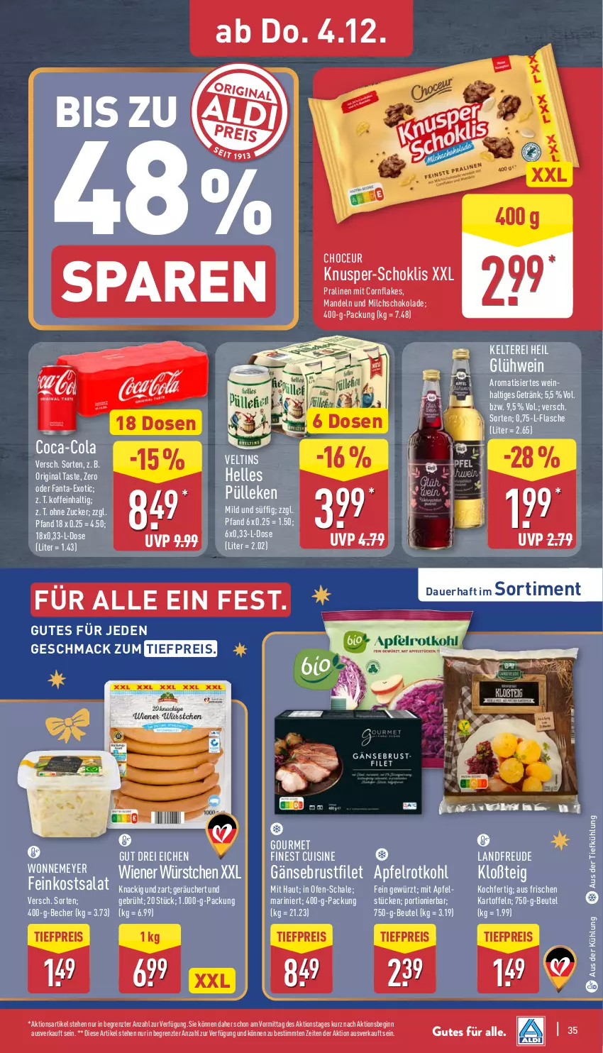 Aktueller Prospekt Aldi Nord - Von Montag - von 01.12 bis 06.12.2025 - strona 39 - produkty: apfel, auer, aus der tiefkühlung, Becher, beutel, brustfilet, coca-cola, cola, eis, elle, fanta, feinkost, filet, flakes, flasche, Gänsebrust, getränk, gewürz, gin, Glühwein, kartoffel, kartoffeln, mac, mandel, mandeln, milch, Ofen, pralinen, reis, rotkohl, salat, Schal, Schale, schoko, schokolade, Ti, tiefpreis, veltins, wein, wiener, wiener würstchen, würstchen, ZTE, zucker