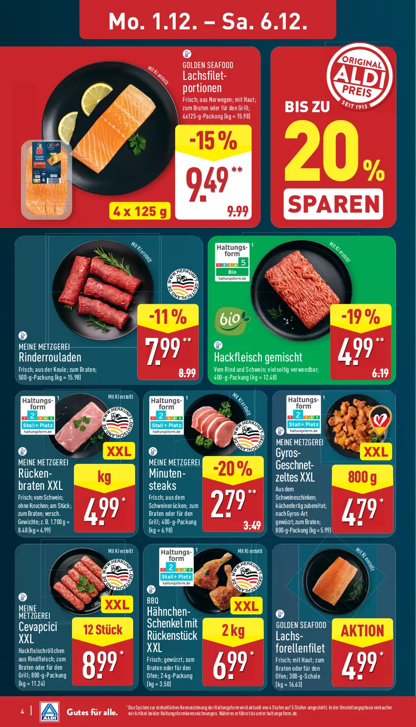 Aktueller Prospekt Aldi Nord - Von Montag - von 01.12 bis 06.12.2025 - strona 4 - produkty: bio, braten, cevapcici, eis, elle, filet, fleisch, forelle, geschnetzeltes, gewürz, grill, gyros, hackfleisch, hackfleisch gemischt, hähnchenschenkel, henkel, küche, Küchen, lachs, lachsfilet, minutensteaks, Ofen, rel, rind, rinder, Rinderroulade, rinderrouladen, rindfleisch, rouladen, Rückenbraten, rwe, Schal, Schale, schenkel, schinken, schwein, schweine, schweinerücken, steak, steaks, Ti, wein, weine, Zelt
