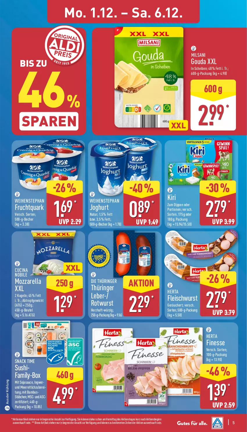 Aktueller Prospekt Aldi Nord - Von Montag - von 01.12 bis 06.12.2025 - strona 5 - produkty: bambus, Becher, beutel, cin, dip, eis, finesse, fleisch, fleischwurst, frucht, Fruchtquark, gin, gouda, herta, herta finesse, ingwer, joghur, joghurt, kiri, Kugel, meerrettich, mozzarella, natur, quark, rel, Rettich, ring, Rotwurst, sauce, snack, snack time, soja, sojasauce, Sushi, Ti, weihenstephan, wurst, ZTE