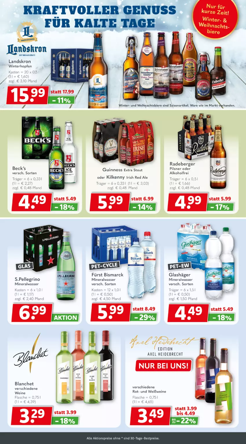 Aktueller Prospekt Getraenkeland - von 09.11 bis 21.11.2025 - strona 4 - produkty: aktionspreis, alkohol, Alwa, axe, beck's, Berger, bestpreis, bestpreise, bismarck, eis, elle, flasche, Guinness, Kilkenny, kraft, mineralwasser, nuss, pils, pilsner, radeberger, radeberger pilsner, reis, Ti, wasser, wein, weine, Weißwein