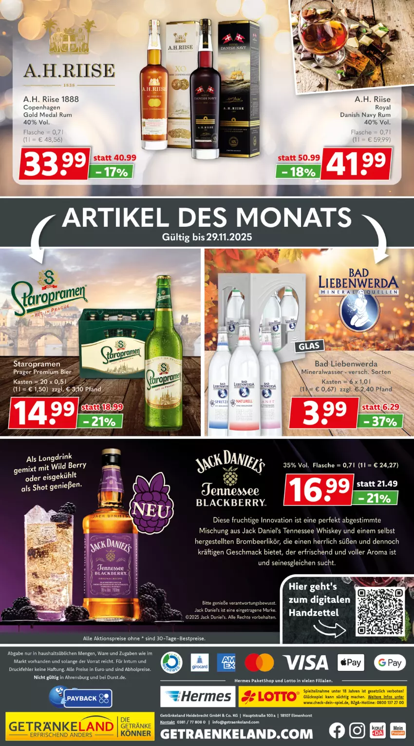 Aktueller Prospekt Getraenkeland - von 09.11 bis 21.11.2025 - strona 6 - produkty: abholpreise, aktionspreis, Alwa, Bad, Bau, bestpreis, bestpreise, bier, eis, Elan, flasche, frucht, getränk, getränke, jack daniel, jack daniel's, lack, likör, mac, mineralwasser, natur, reis, rel, rum, Staropramen, tennessee whiskey, Ti, wasser, whiskey