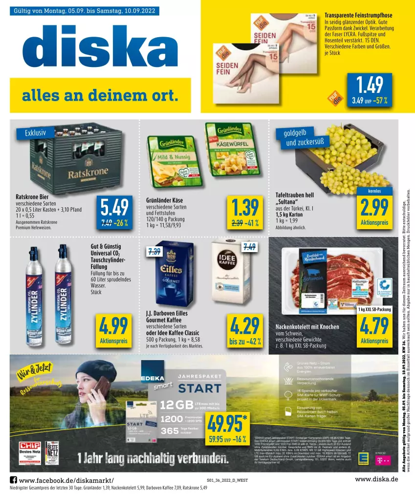 Aktueller Prospekt Diska - Prospekte - von 05.09 bis 10.09.2022 - strona 1 - produkty: aktionspreis, angebot, angebote, bier, darbo, darboven, deka, eis, ente, grünländer, Hefe, hefeweizen, hose, hosen, kaffee, Käse, kotelett, krone, reis, rum, spee, Sprudel, Strumpfhose, tafeltrauben, Ti, trauben, wasser, WICK, ZTE