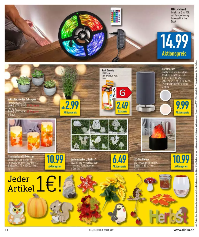 Aktueller Prospekt Diska - Prospekte - von 05.09 bis 10.09.2022 - strona 11 - produkty: aktionspreis, eis, fernbedienung, Garten, lamm, led-licht, Leuchte, leuchtmittel, mit fernbedienung, reis, tee, Ti, timer, tisch, tischleuchte