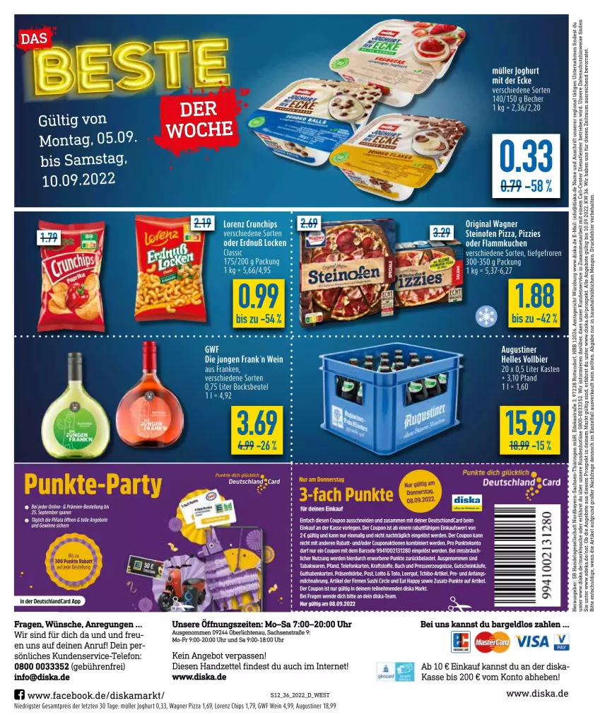 Aktueller Prospekt Diska - Prospekte - von 05.09 bis 10.09.2022 - strona 12 - produkty: angebot, angebote, bett, Betten, beutel, bier, buch, chips, coupon, deka, deutschlandcard, eis, elle, ente, erde, gin, gutschein, joghur, joghurt, kraft, lorenz, Müller, Ofen, original wagner, pizza, reis, steinofen, steinofen pizza, tee, telefon, Ti, uhr, wagner, wein, ZTE