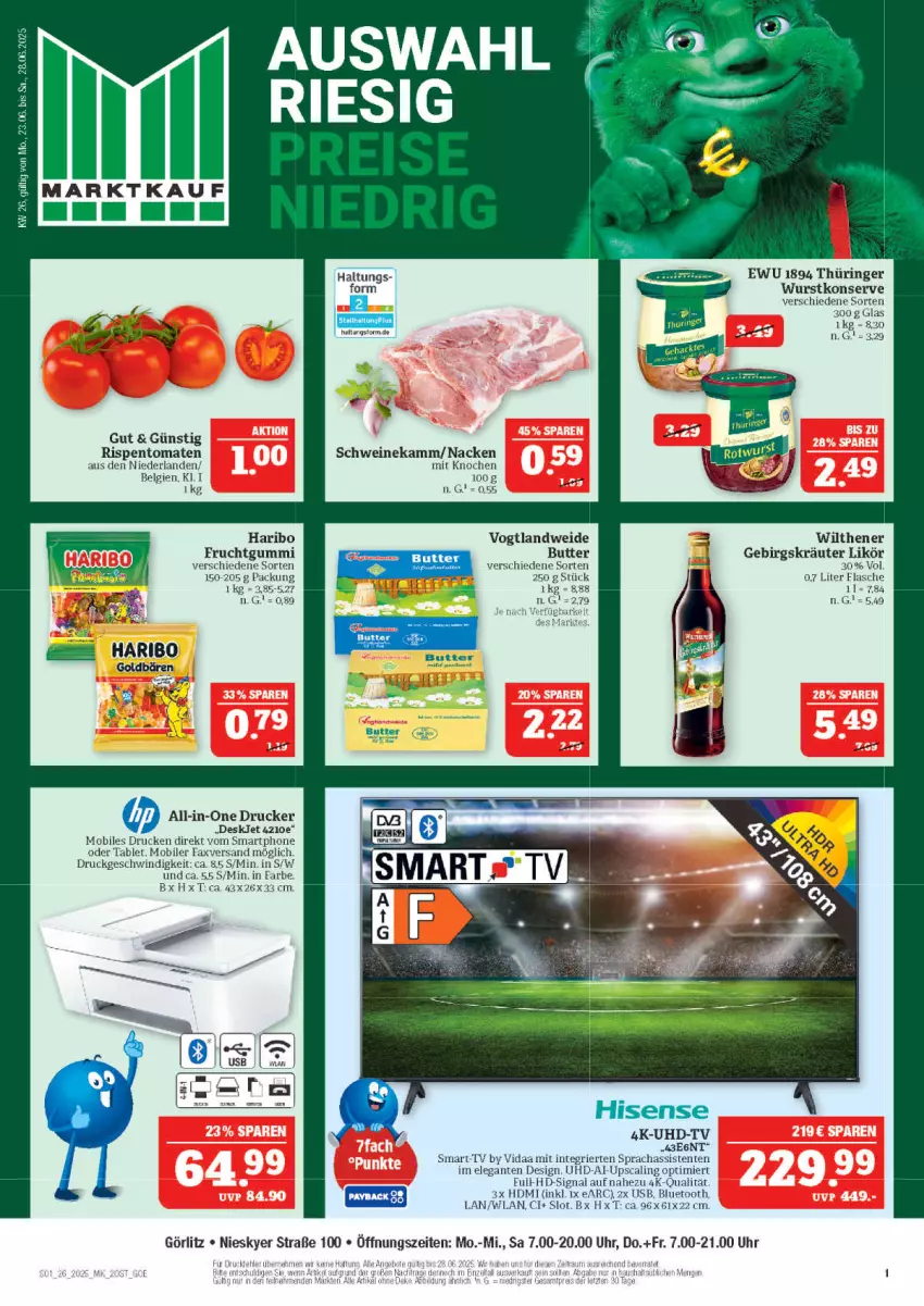 Aktueller Prospekt Marktkauf - Prospekt - von 22.06 bis 28.06.2025 - strona 1 - produkty: butter, drucker, ente, flasche, frucht, fruchtgummi, haribo, HDMI, hisense, kräuter, LG, likör, ring, rispentomaten, schwein, schweine, Signal, smartphone, tablet, Ti, tomate, tomaten, uhd, UHD-TV, uhr, usb, wein, weine, wilthener, wurst