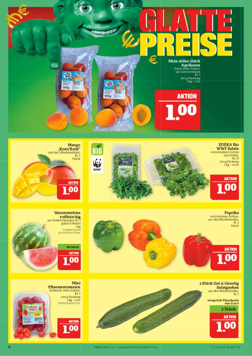 Aktueller Prospekt Marktkauf - Prospekt - von 22.06 bis 28.06.2025 - strona 12 - produkty: aprikose, aprikosen, bio, deka, edeka bio, eis, fleisch, früchte, gurke, gurken, mango, melone, paprika, pflaume, pflaumen, reis, salat, salate, Salatgurke, salatgurken, Ti, tomate, tomaten, wasser, wassermelone, ZTE