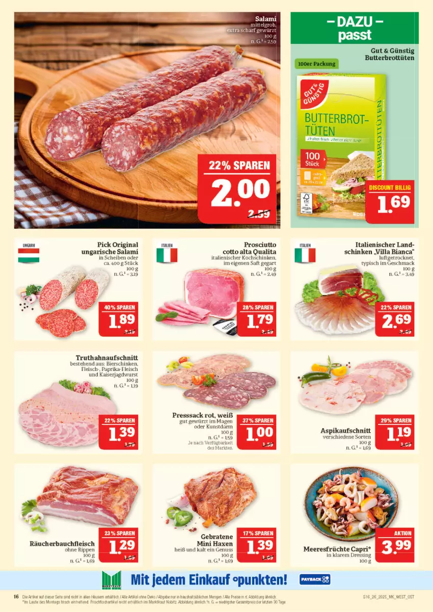 Aktueller Prospekt Marktkauf - Prospekt - von 22.06 bis 28.06.2025 - strona 16 - produkty: aufschnitt, axe, Bau, bier, bierschinken, braten, brot, butter, Cap, dressing, eis, fleisch, früchte, gewürz, gin, Haxe, jagdwurst, Kaiser, kochschinken, LG, mac, meeresfrüchte, nuss, paprika, presssack, prosciutto, reis, Rippen, sac, saft, salami, schinken, Ti, truthahn, Ungarische Salami, wurst, ZTE