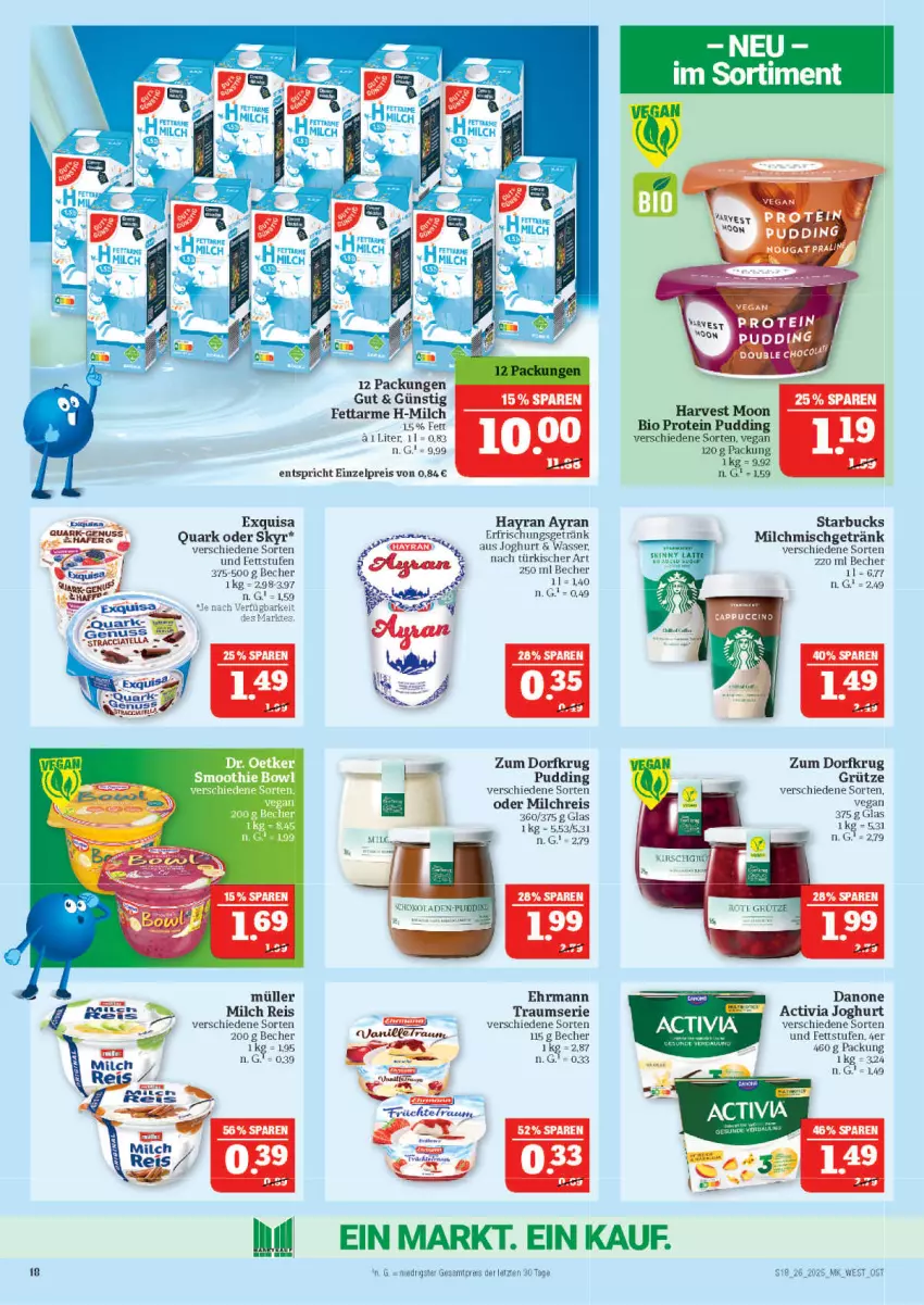 Aktueller Prospekt Marktkauf - Prospekt - von 22.06 bis 28.06.2025 - strona 18 - produkty: activia, activia joghurt, Ayran, Becher, bio, cin, danone, danone activia, ehrmann, eis, erfrischungsgetränk, exquisa, getränk, grütze, joghur, joghurt, milch, milchreis, Müller, pudding, quark, reis, Skyr, smoothie, starbucks, Ti, wasser, ZTE, Zum Dorfkrug