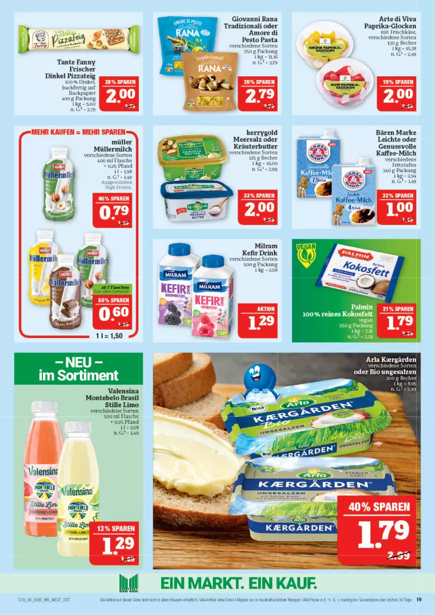 Aktueller Prospekt Marktkauf - Prospekt - von 22.06 bis 28.06.2025 - strona 19 - produkty: arla, Becher, bio, butter, drink, eis, flasche, frischkäse, giovanni rana, kaffee, Käse, Kefir, kerrygold, kokos, Kokosfett, kräuter, kräuterbutter, limo, meersalz, milch, monte, Müller, müllermilch, nuss, papier, paprika, pasta, pesto, pizza, Pizzateig, Rana, reis, salz, tante fanny, Ti, valensina, ZTE