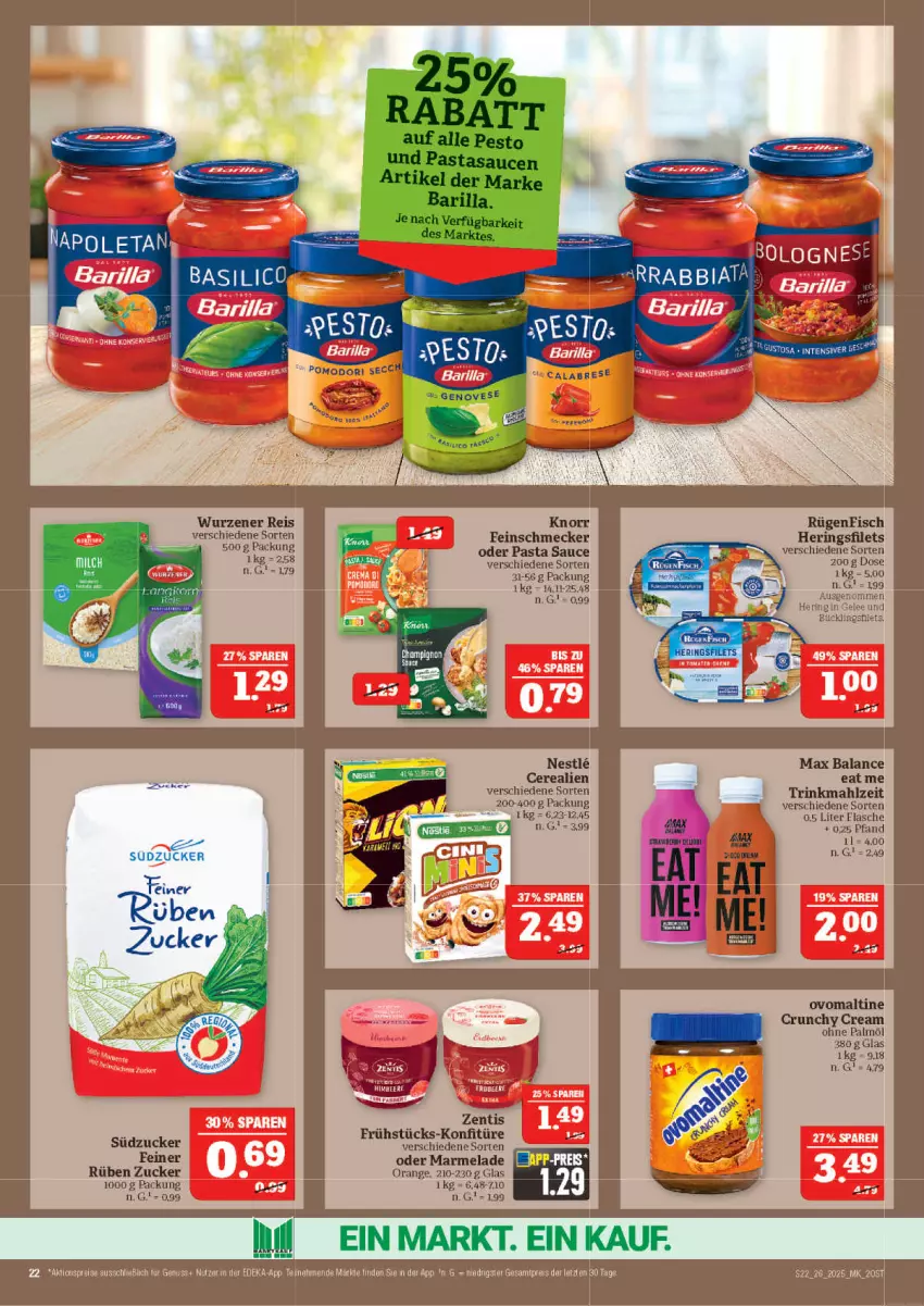 Aktueller Prospekt Marktkauf - Prospekt - von 22.06 bis 28.06.2025 - strona 22 - produkty: aktionspreis, cerealien, deka, eis, feinschmecker, filet, filets, fisch, flasche, gelee, gin, hering, Herings, heringsfilets, knorr, marmelade, nuss, ohne palmöl, orange, pasta, Pasta Sauce, reis, ring, rügenfisch, sauce, südzucker, tee, Ti, ZTE, zucker