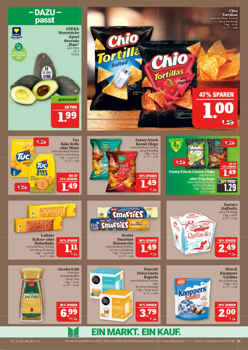 Aktueller Prospekt Marktkauf - Prospekt - von 22.06 bis 28.06.2025 - strona 23 - produkty: aktionspreis, avocado, bett, bohne, bohnen, bohnenkaffee, butter, butterkeks, chips, deka, dolce gusto, eis, ferrero, funny-frisch, jacobs, Jacobs Gold, kaffee, kakao, keks, knoppers, linsen, löslicher bohnenkaffee, nuss, raffaello, reis, storck, Ti, tortilla, tortillas, tuc, Vegeta, ZTE