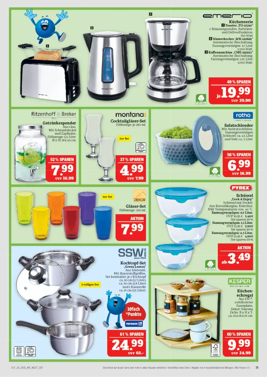 Aktueller Prospekt Marktkauf - Prospekt - von 22.06 bis 28.06.2025 - strona 31 - produkty: auto, Bad, cocktail, decke, Deckel, Eckregal, edelstahl, eis, getränk, getränke, getränkespender, Gläser, kaffee, kaffeemaschine, Kocher, Kochtopf, küche, Küchen, latte, LG, montana, regal, reis, salat, Schal, schüssel, sonoma eiche, Ti, tisch, toast, toaster, topf, wasser, wasserkocher