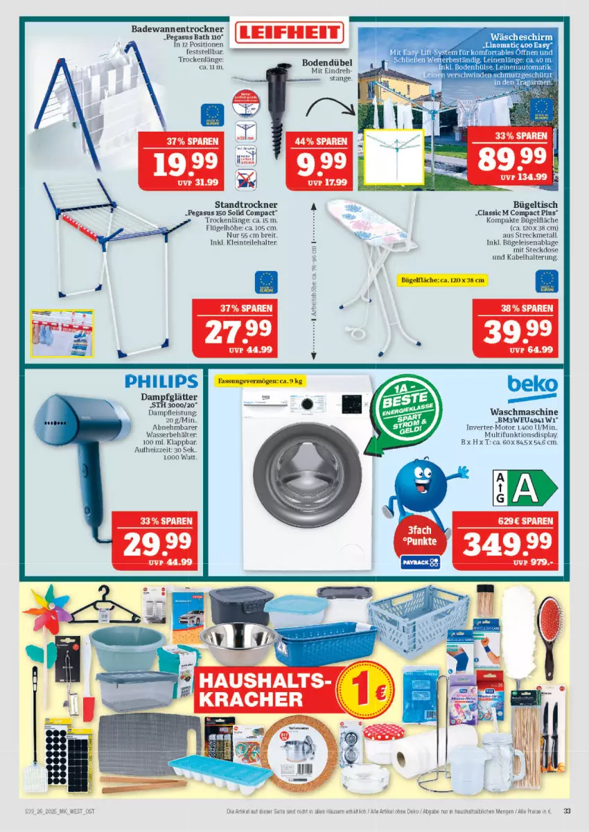 Aktueller Prospekt Marktkauf - Prospekt - von 22.06 bis 28.06.2025 - strona 33 - produkty: asus, auto, Bad, Badewanne, Brei, bügel, Bügeleisen, bügeltisch, eis, kracher, leifheit, Philips, reis, steckdose, Ti, tisch, Trockner, Wanne, waschmaschine, wasser