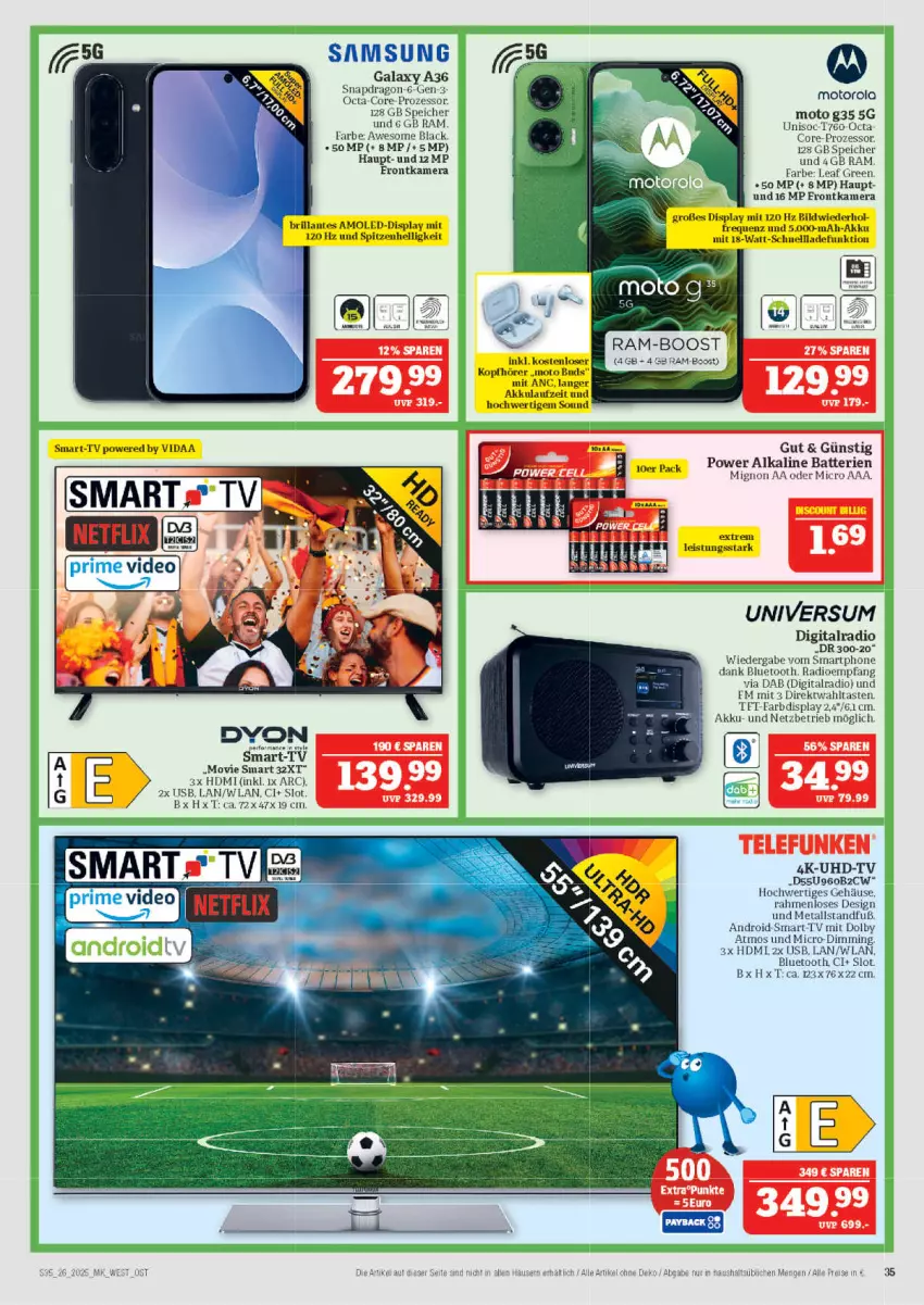 Aktueller Prospekt Marktkauf - Prospekt - von 22.06 bis 28.06.2025 - strona 35 - produkty: akku, batterie, batterien, dyon, eis, frontkamera, HDMI, kamera, kopfhörer, lack, motorola, Radio, reis, Samsung, samsung galaxy, Samsung Galaxy A, schnellladefunktion, smartphone, telefunken, Ti, uhd, UHD-TV, usb, Yo